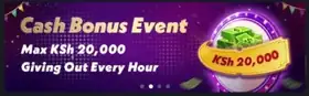 Tuzowins Cash Bonus Event banner: max KSh 20,000 giving out every hour