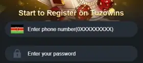 Start to Register on Tuzowins: phone number with Kenyan flag and password